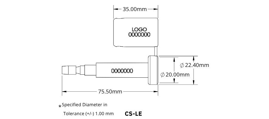 Technical drawing of a CS-LE sensor: 75.5 mm length, &Oslash;22.4 mm body, &Oslash;20 mm collar, logo block 35 mm wide, side connector shown.