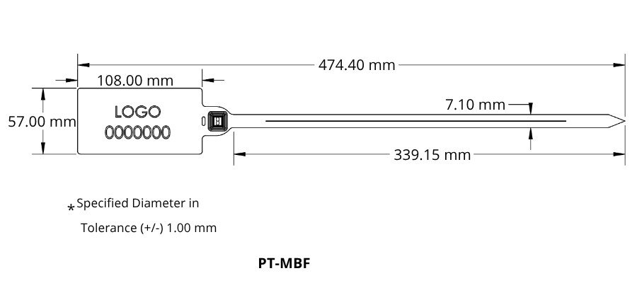 Technical drawing of a PT-MBF probe showing a rectangular housing with a logo area and a long slender rod; overall length 474.40 mm with a 339.15 mm rod segment and a tip length of 7.10 mm noted on the rod edge.