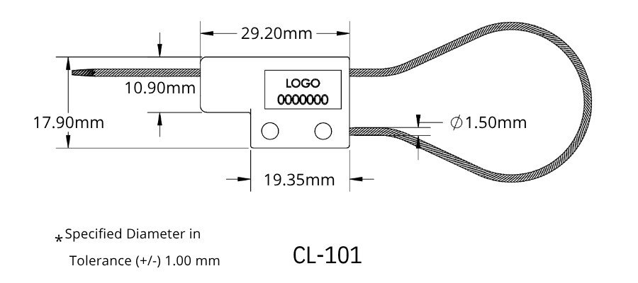 Jhas Industries - Metal Cable Lock Wire Rope Seals (CL-101) - ZINC Technical Drawing