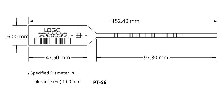 Jhas Industries -PULL TIGHT PLASTIC STRIP SEALS PT-S6 - 210mm​ Technical Drawing
