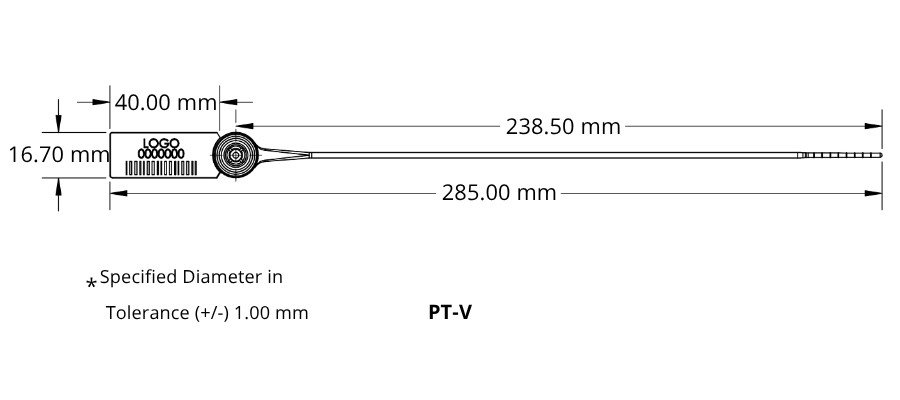 Jhas Industries -Plastic Seal Round Strip with Metal Insert Locking PT-V Technical Drawing
