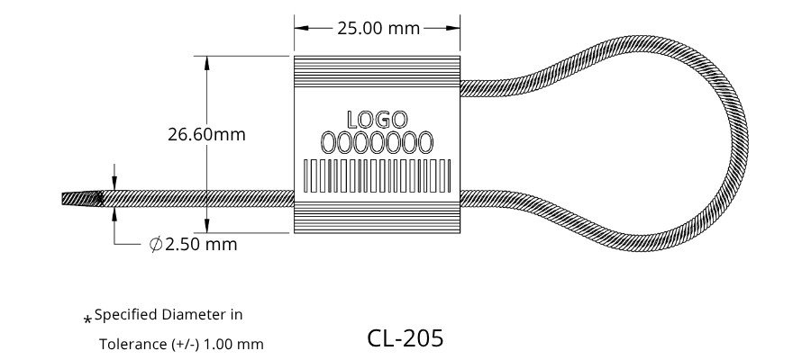 Jhas Industries -METAL CABLE LOCK WIRE ROPE SEALS CL-205 - Aluminium Technical Drawing