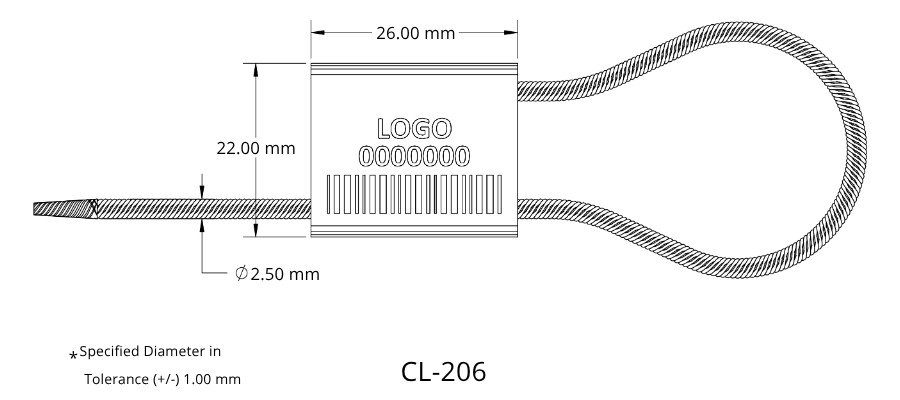 Jhas Industries - METAL CABLE LOCK WIRE ROPE SEALS CL-206 Aluminium Technical Drawing