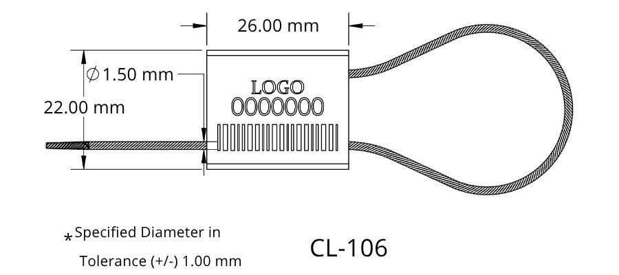 Technical drawing of a CL-106 connector: small rectangular housing with a logo and vented slot, a straight pin/cable entering from the left and a looped cord exiting on the right; overall width 26 mm and height 22 mm with a 1.5 mm pin diameter captioned.