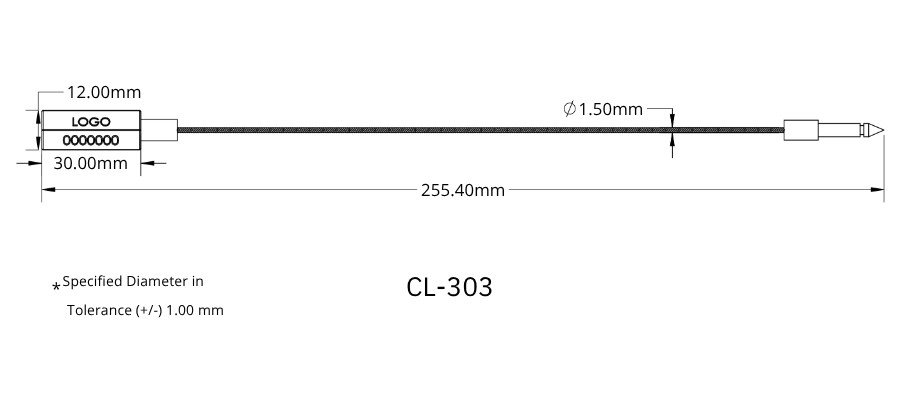 Jhas Industries -Metal Cable Lock Wire Rope Security Seal CL-303 Technical Drawing