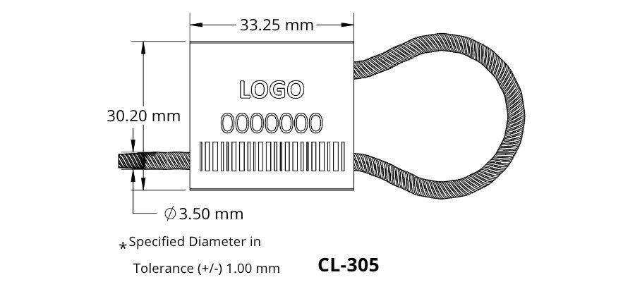 Jhas Industries -Metal Cable Lock Wire Rope Security Seal CL-305 Technical Drawing