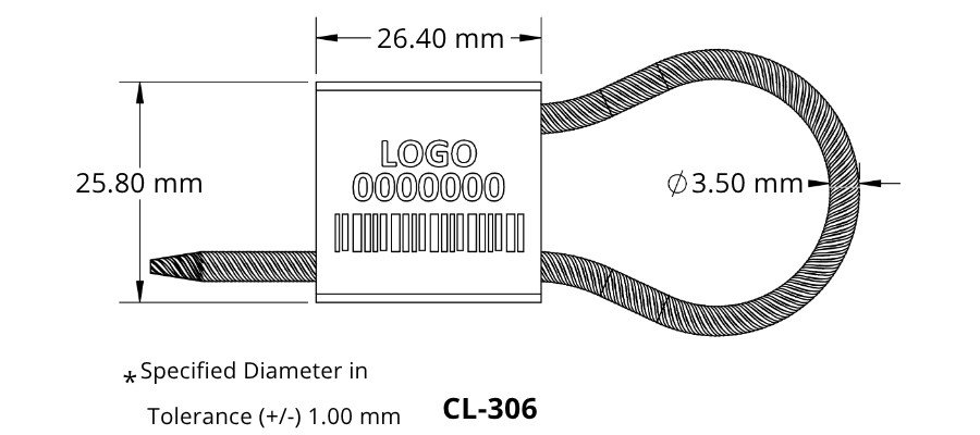 Technical diagram of a square tag with a braided loop cable; 26.4 mm wide, 25.8 mm tall, 3.5 mm cable diameter; barcode area.