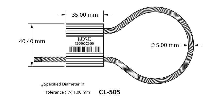 Technical drawing of a looped wire tether with a central housing (logo and barcode); overall height 40.4 mm, length 35 mm, loop diameter 5 mm.