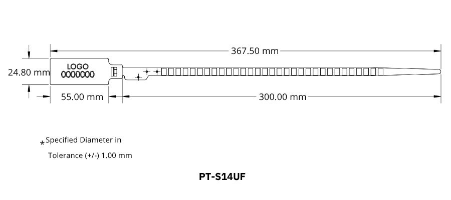 Jhas Industries -Pull Tight Security Seal Fixed Length Plastic Security Seal PT-S14UF Technical Drawing