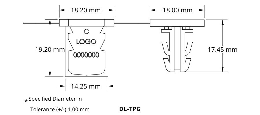 Technical drawing of a DL-TPG component showing side and front views with mounting bar gaps: 18.20 mm and 18.00 mm spacing, housing height 19.20 mm and width 14.25 mm, overall right-side height 17.45 mm, with a logo area and spring/clip details.