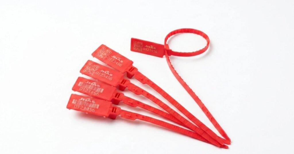 Five red plastic security seals with barcodes, fanned out on a white background, used to tamper-evident seal containers or bags.