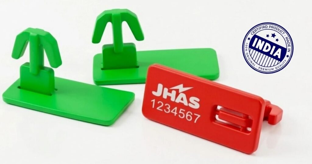 Red plastic tag labeled JHAS 1234567 beside two green stands on a white background, with an India certification stamp in the corner.