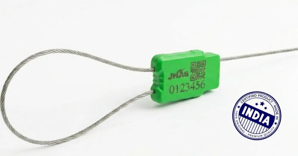 Green plastic cable tag with QR code and serial number connected by steel wire, stamped with INDIA seal in the corner.
