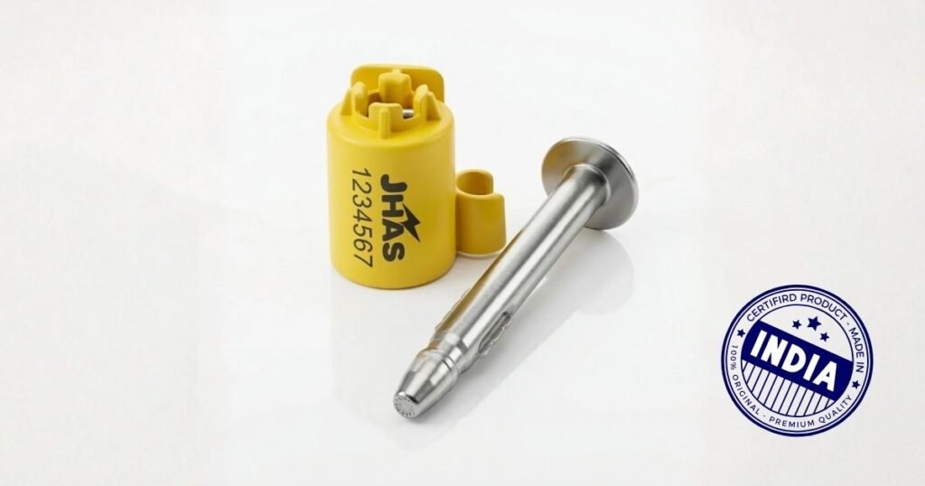 Yellow plastic medical device part with the brand name JHAS and serial 1234567, beside a stainless steel precision instrument on a white background with an India certification stamp.