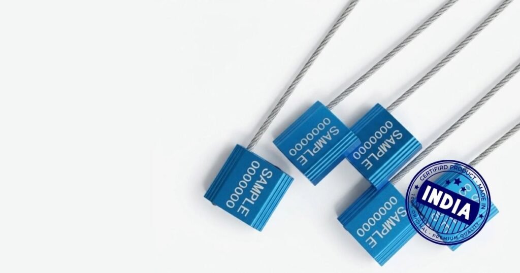 Blue SAMPLE cards attached to steel cables with an INDIA certification seal overlay on a light background.
