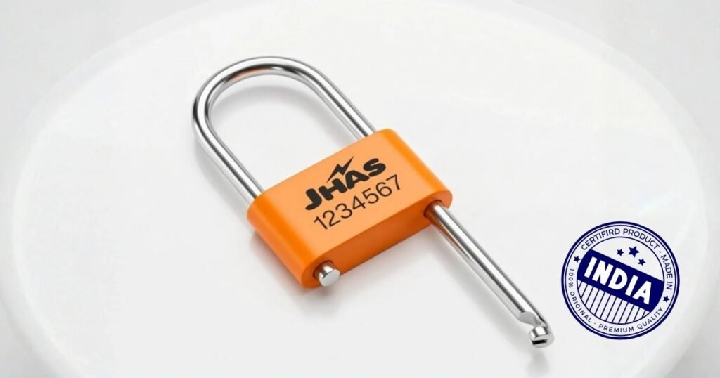 Orange U-lock on a white surface with the brand 'JHAS' and numbers, beside a circular 'India' certification stamp.