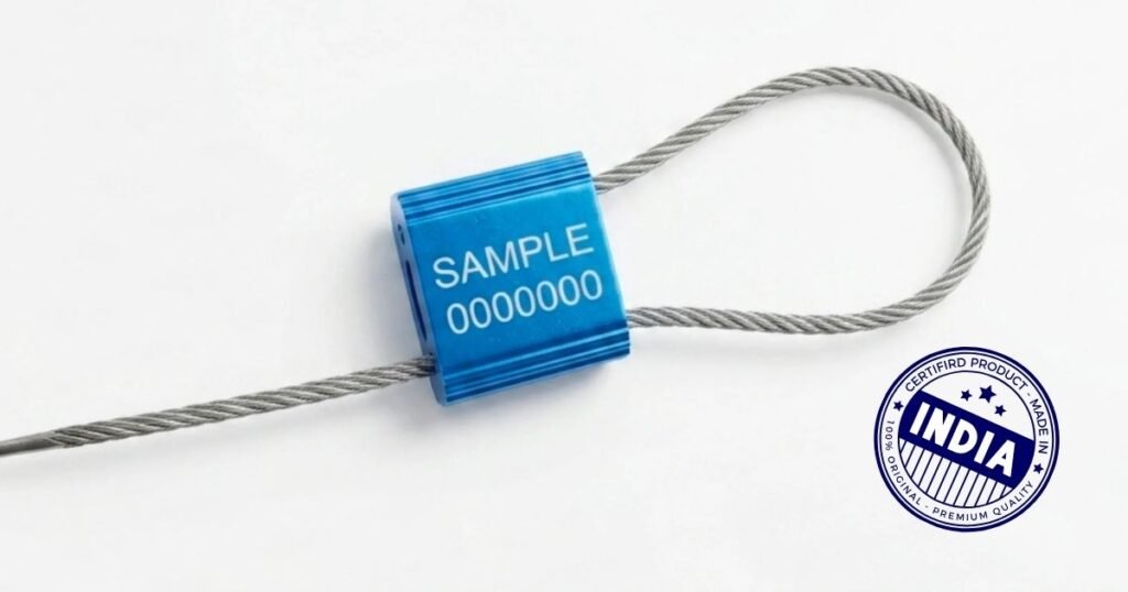 Blue cable lock with 'SAMPLE 0000000' on the lock, clamped around a steel cable against a white background, with an India-made stamp in the bottom-right corner.