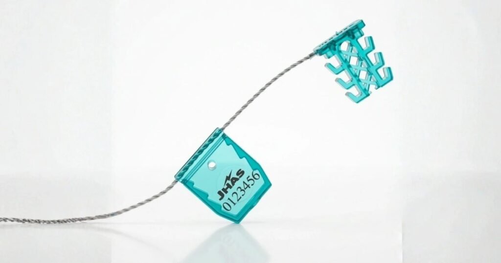 Turquoise luggage tag with the text 'JHAS 0123456' hanging from a twisted cord against a white background.