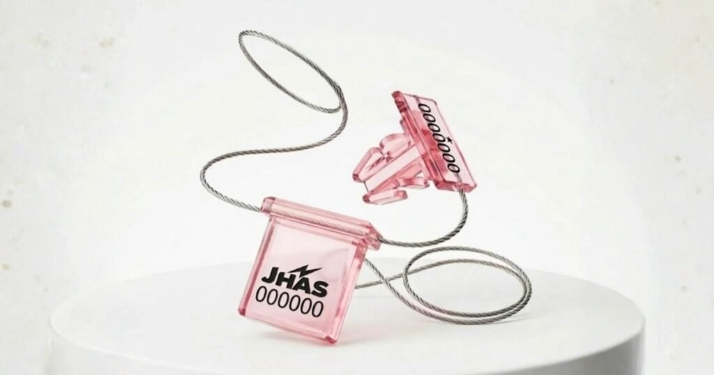 Pink plastic toy with rope, displaying 'JHAS' and '000000', on a white pedestal (art-style money prop).